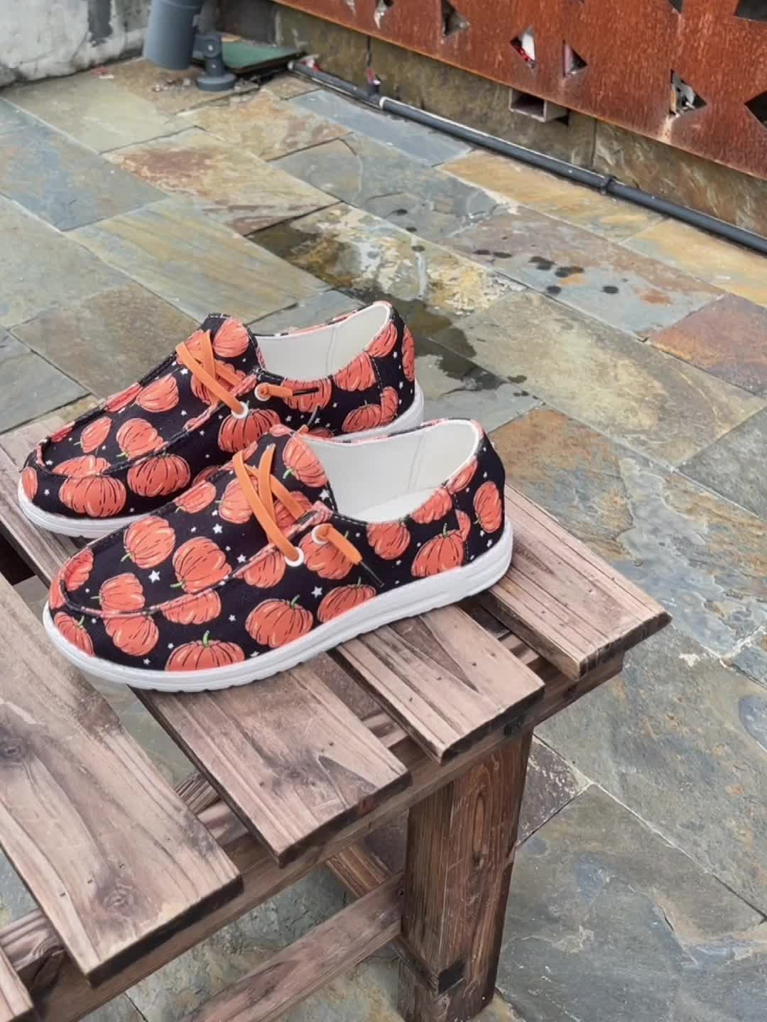 Pumpkin Pattern Canvas Shoes, Lace Up Low Top Flats